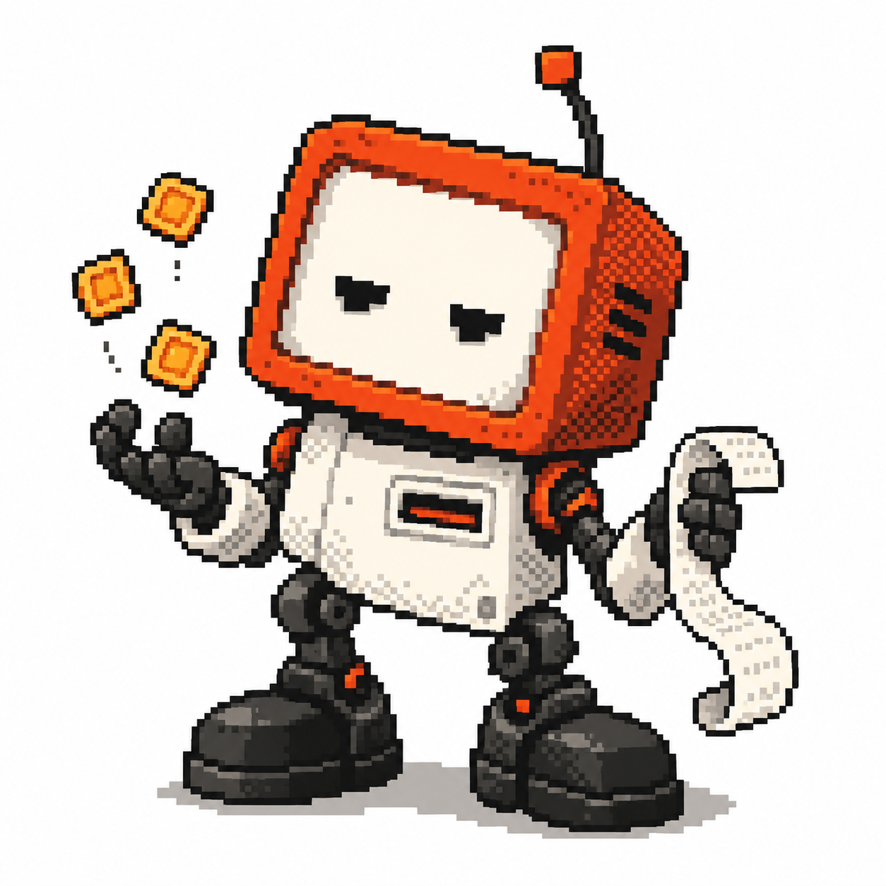 A slouching orange pixel ATM robot tossing coins and holding a blank receipt